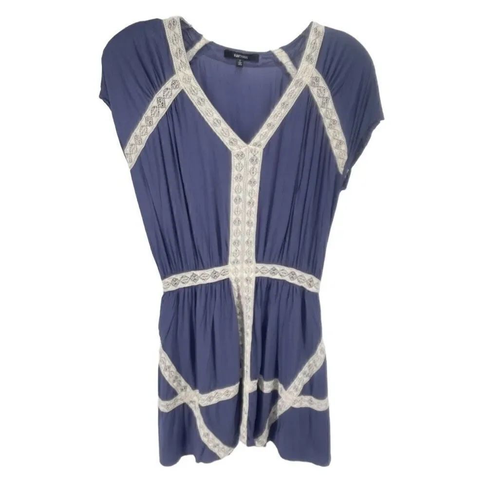 Funktional Womens Shift Dress Lace V Neck Mini Elastic Waist Blue Cream Small